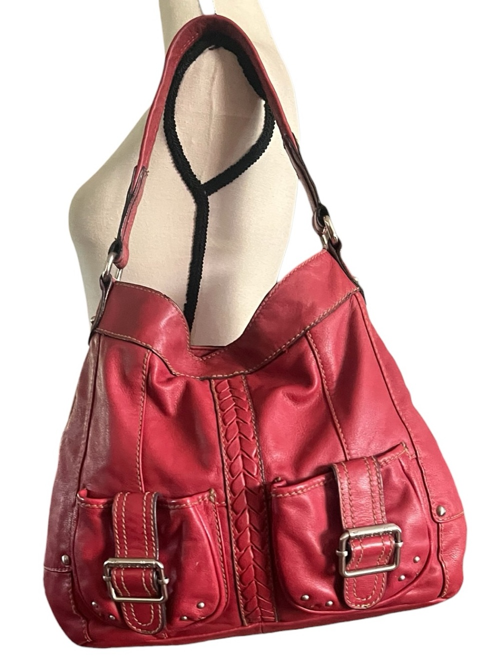 Tignanello country red leather hobo buckle pocket handbag